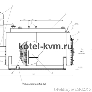 Чертеж парового котла 700 кг/ч твердотопливного вид сбоку